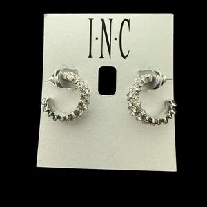 INC International Concepts Silver Tone Crystal Textured C Hoop Earrings NWT